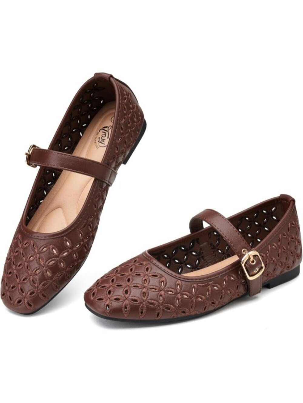 Women's Coffee Mary Jane Hollow Flats Round Toe Ankle Strap Comfortable Shoes